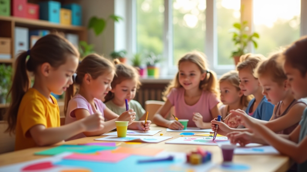 Children engaged in creative learning activities with art supplies and musical instruments