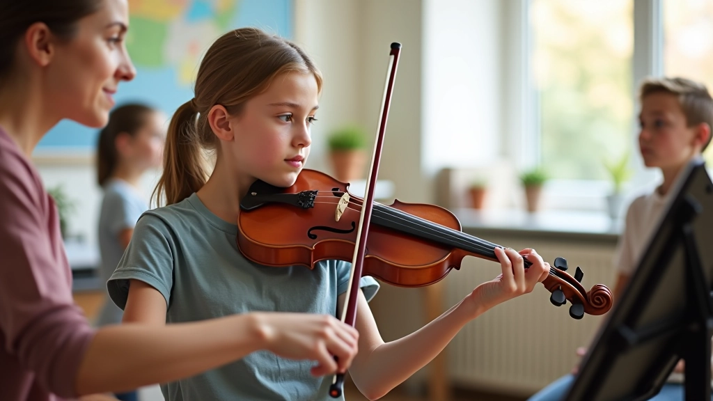 Young person holding violin with music teacher instructing during lesson in studio