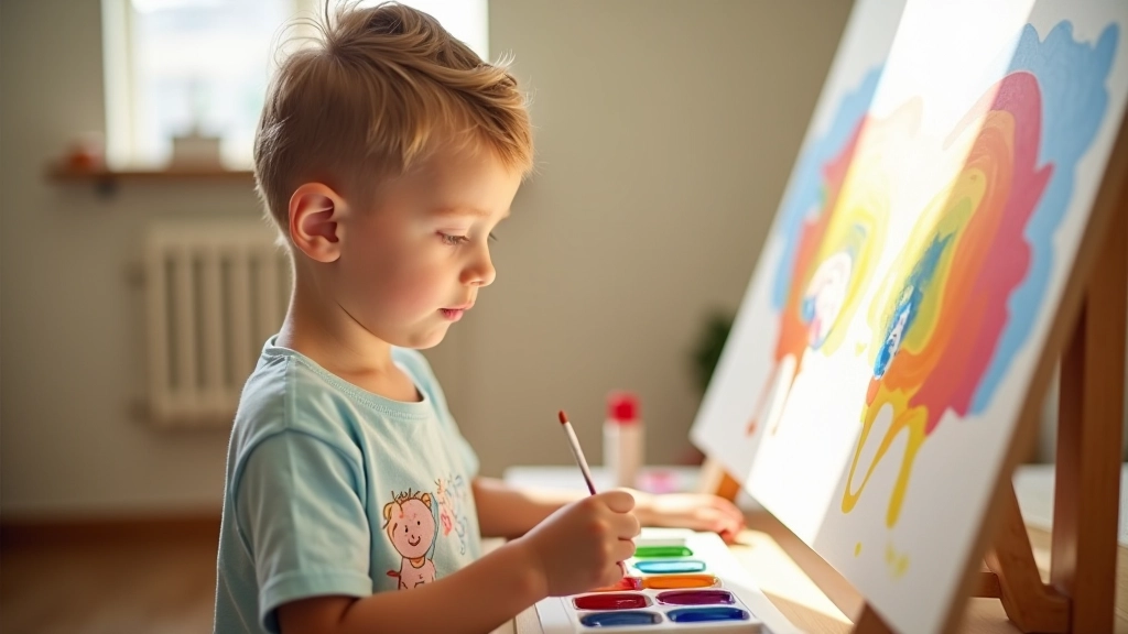 Child painting at easel with watercolors and brushes, colorful artwork on canvas
