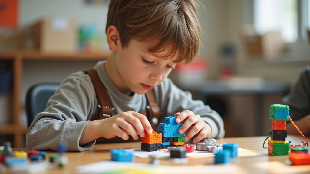 Child working with robotics kit, building mechanical robot with colorful plastic pieces